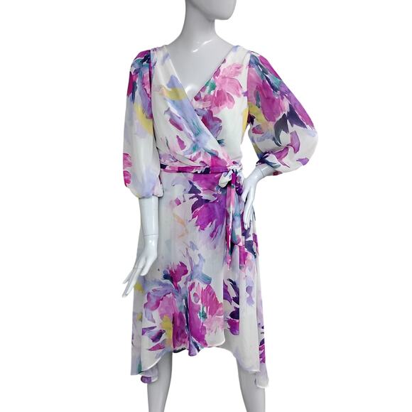 DKNY  Floral Print Balloon Sleeve Tie Waist V Neck Dress Size 12 White & Purple - Picture 2 of 14